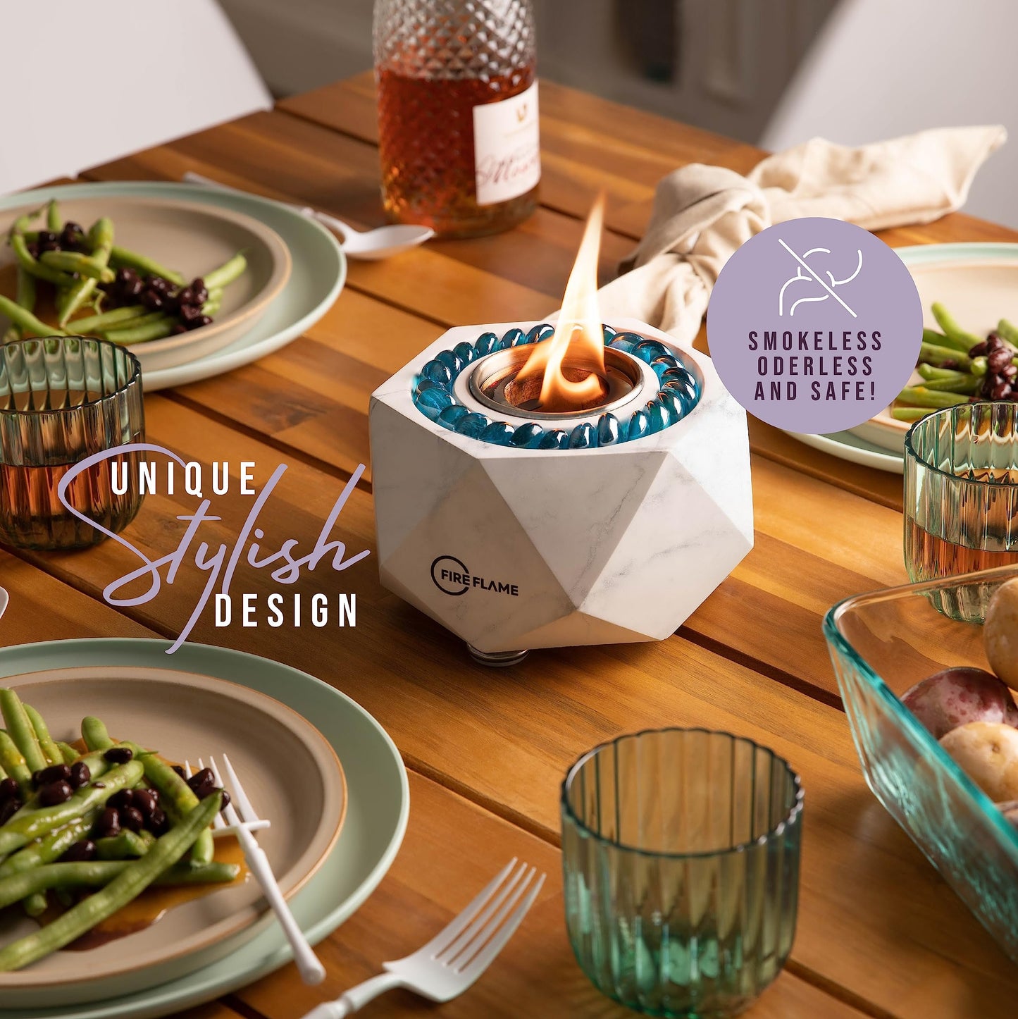 FireFlame Tabletop Fire Pit Bowl - Portable Concrete Mini Personal Fireplace Table top Firepit, Indoor Outdoor Decor & Smores Maker - Gel Fuel (Gel is not Included)