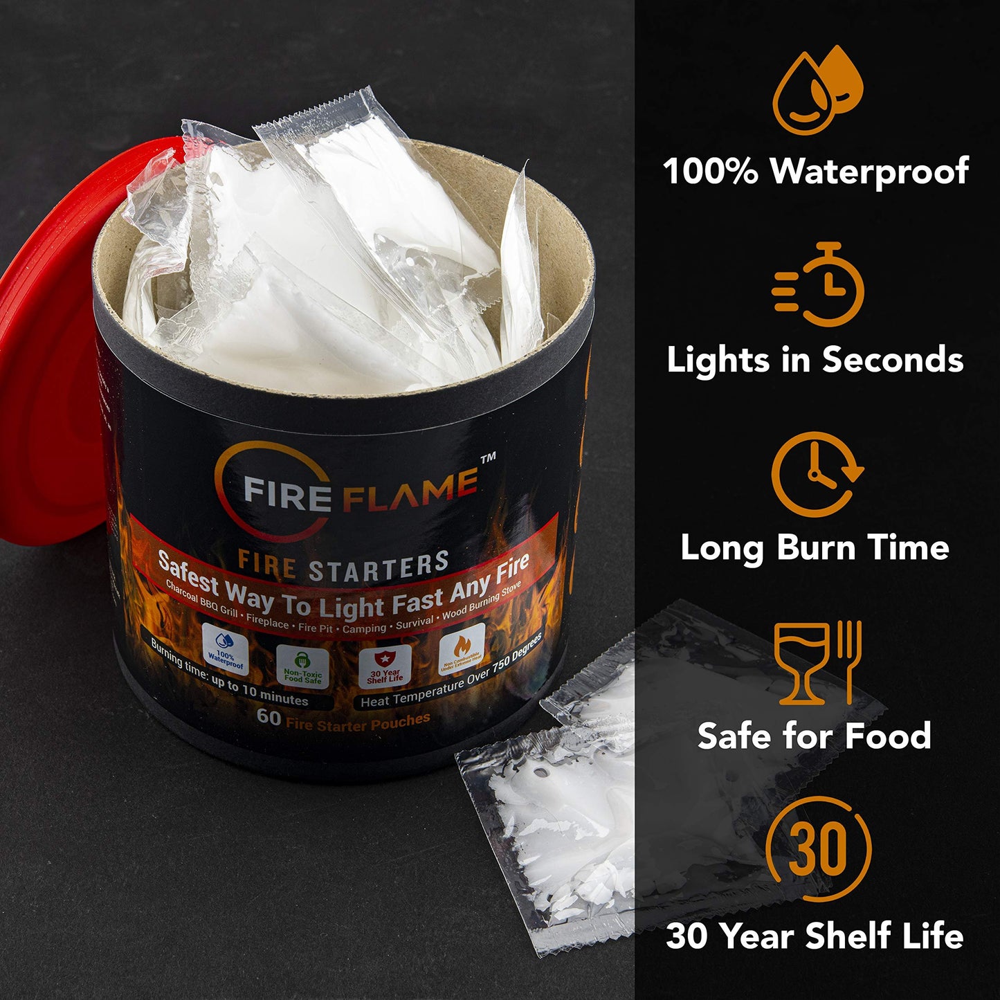 Fireflame Quick Instant Fire Starter - 100% Waterproof All-Purpose Indoor & Outdoor Firestarter, for Charcoal Starter, Campfire, Fireplace, BBQ - Odorless and Food Safe - 60 Pouches in Canister