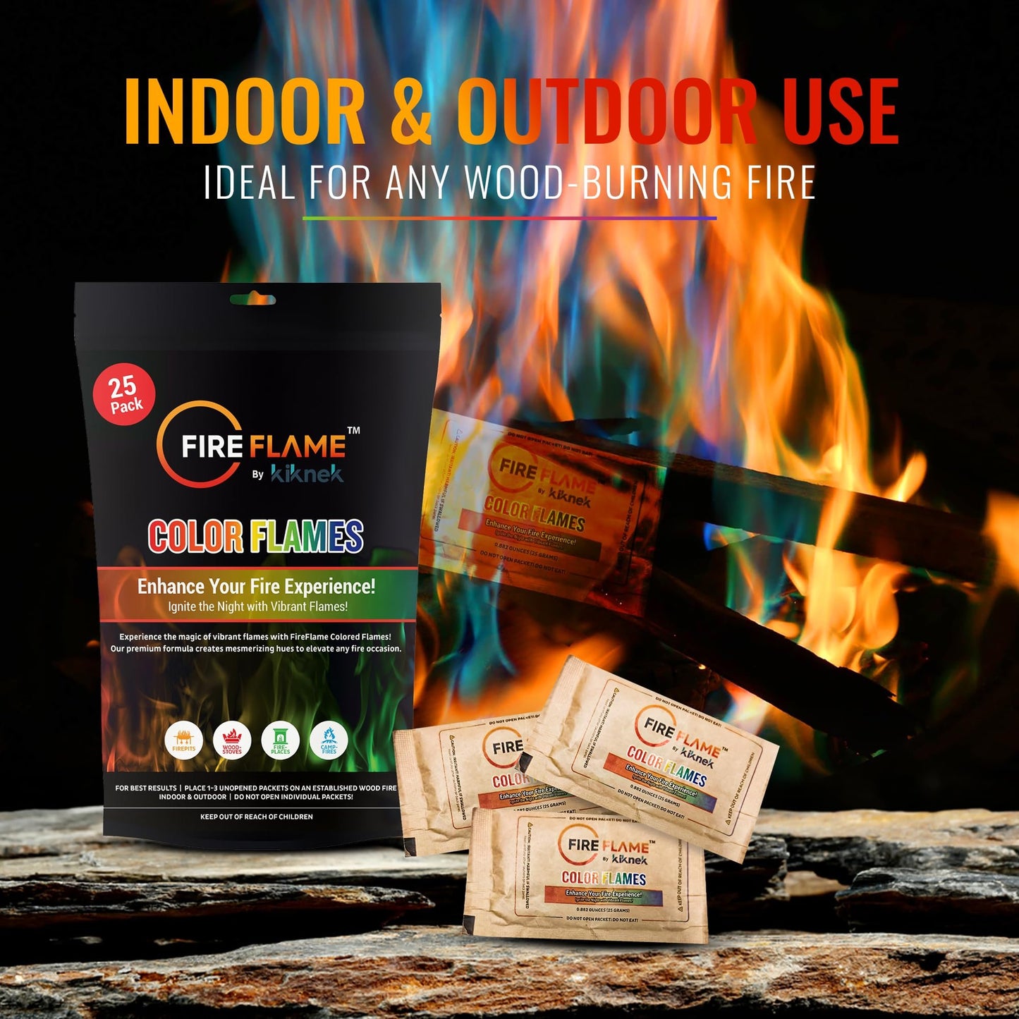 FireFlame Fire Color Changing Packets - Magic Color Fire Flames - 25 Pack of Fire Color Packets - for Outdoor Fire Pit, Fireplace, Bonfire, Campfire, Camping Accessories Colored Fire for Kids & Adults
