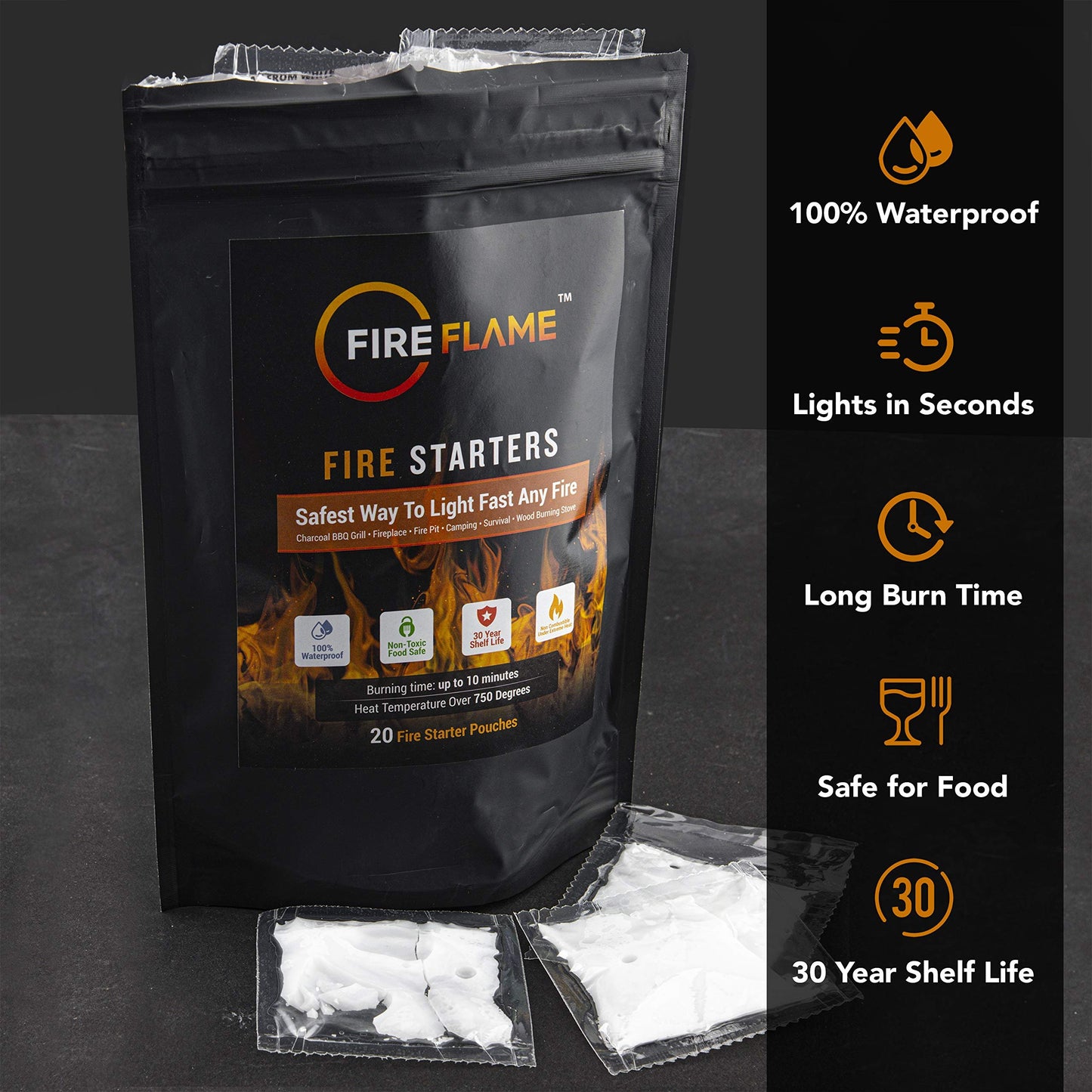 Fireflame Quick Instant Fire Starter - 100% Waterproof All-Purpose Indoor & Outdoor Firestarter, for Charcoal Starter, Campfire, Fireplace, Firepit, Smoker - Odorless and Food Safe - Total 40 Pouches