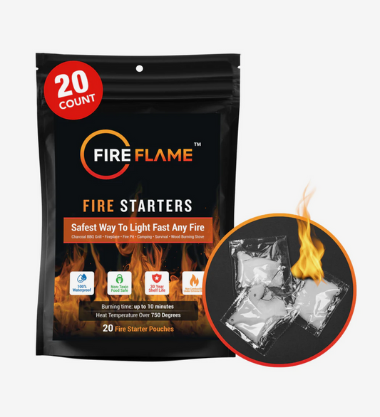 FireFlame Quick Instant Fire Starter - 100% Waterproof All-Purpose Indoor & Outdoor FireStarter, for Charcoal Starter, Campfire, Fireplace, Firepit, Smoker - Odorless and Non-Toxic - 20 Pouches in Bag