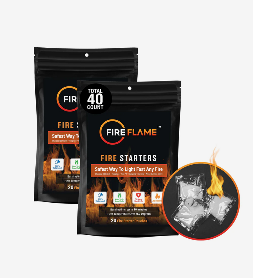 FireFlame Quick Instant Fire Starter - 100% Waterproof All-Purpose Indoor & Outdoor FireStarter, for Charcoal Starter, Campfire, Fireplace, Firepit, Smoker - Odorless and Non-Toxic - Pack of 2 Bags - 20 Pouches in Bag (Total 40 Pouches)
