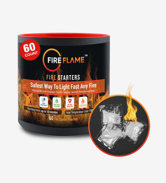 FireFlame Quick Instant Fire Starter - 100% Waterproof All-Purpose Indoor & Outdoor FireStarter, for Charcoal Starter, Campfire, Fireplace, BBQ - Odorless and Non-Toxic - 60 Pouches in Canister