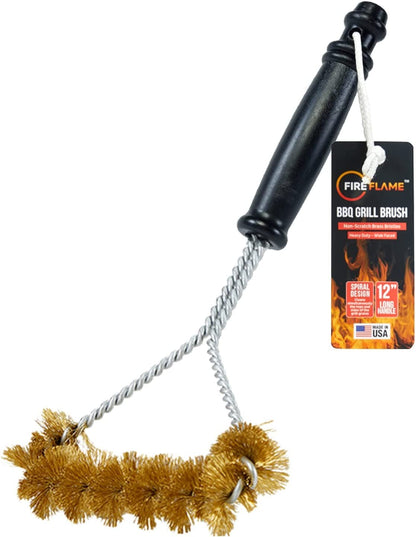 Fireflame BBQ Grill Brush – Non-Scratch Brass Bristles - Long Handle Barbecue Grill Cleaning Brush - Wide-Faced Spiral Heavy-Duty – Made in The USA