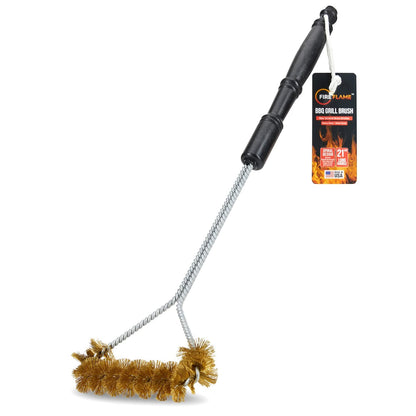 Fireflame BBQ Grill Brush – Non-Scratch Brass Bristles - 21-Inch Long Handle Barbecue Grill Cleaning Brush - Wide-Faced Spiral Heavy-Duty – Made in The USA