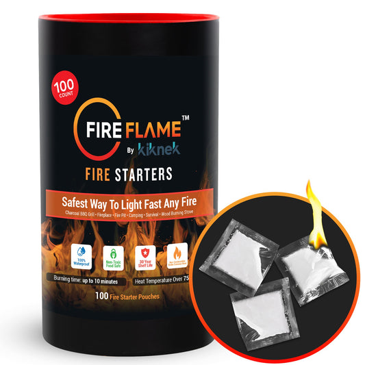 FireFlame Quick Instant Fire Starter - 100% Waterproof All-Purpose Indoor & Outdoor FireStarter, for Charcoal Starter, Campfire, Fireplace, Firepit, Smoker, Odorless and Food Safe - 100 Pouches in Bag