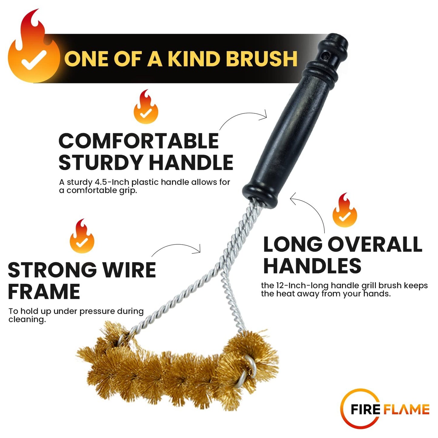 Fireflame BBQ Grill Brush – Non-Scratch Brass Bristles - 12-Inch Long Handle Barbecue Grill Cleaning Brush - Wide-Faced Spiral Heavy-Duty – Made in The USA