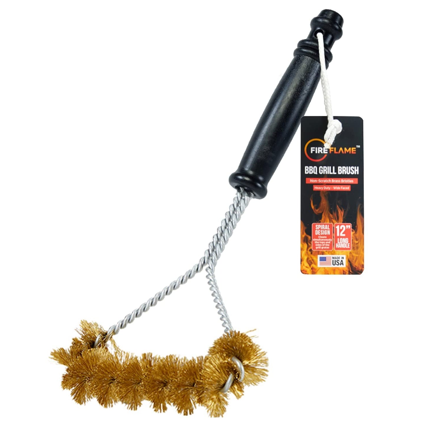 Fireflame BBQ Grill Brush – Non-Scratch Brass Bristles - 12-Inch Long Handle Barbecue Grill Cleaning Brush - Wide-Faced Spiral Heavy-Duty – Made in The USA