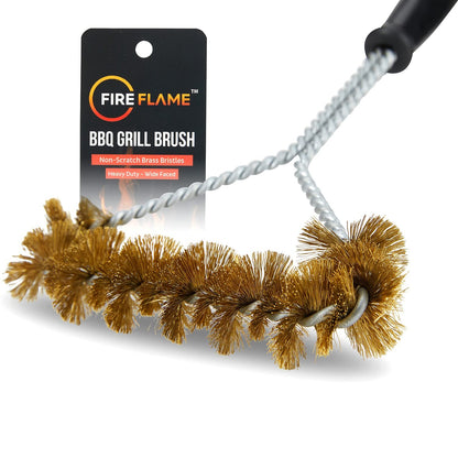 Fireflame BBQ Grill Brush – Non-Scratch Brass Bristles - 12-Inch Long Handle Barbecue Grill Cleaning Brush - Wide-Faced Spiral Heavy-Duty – Made in The USA