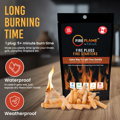 Fireflame Fire Plugs Fire Starter - Quick Instant 100% Waterproof All-Purpose Indoor & Outdoor Firestarter Tinder Tabs, for Emergency Survival, Charcoal Grill - Odorless & Non-Toxic - Total 100 Plugs