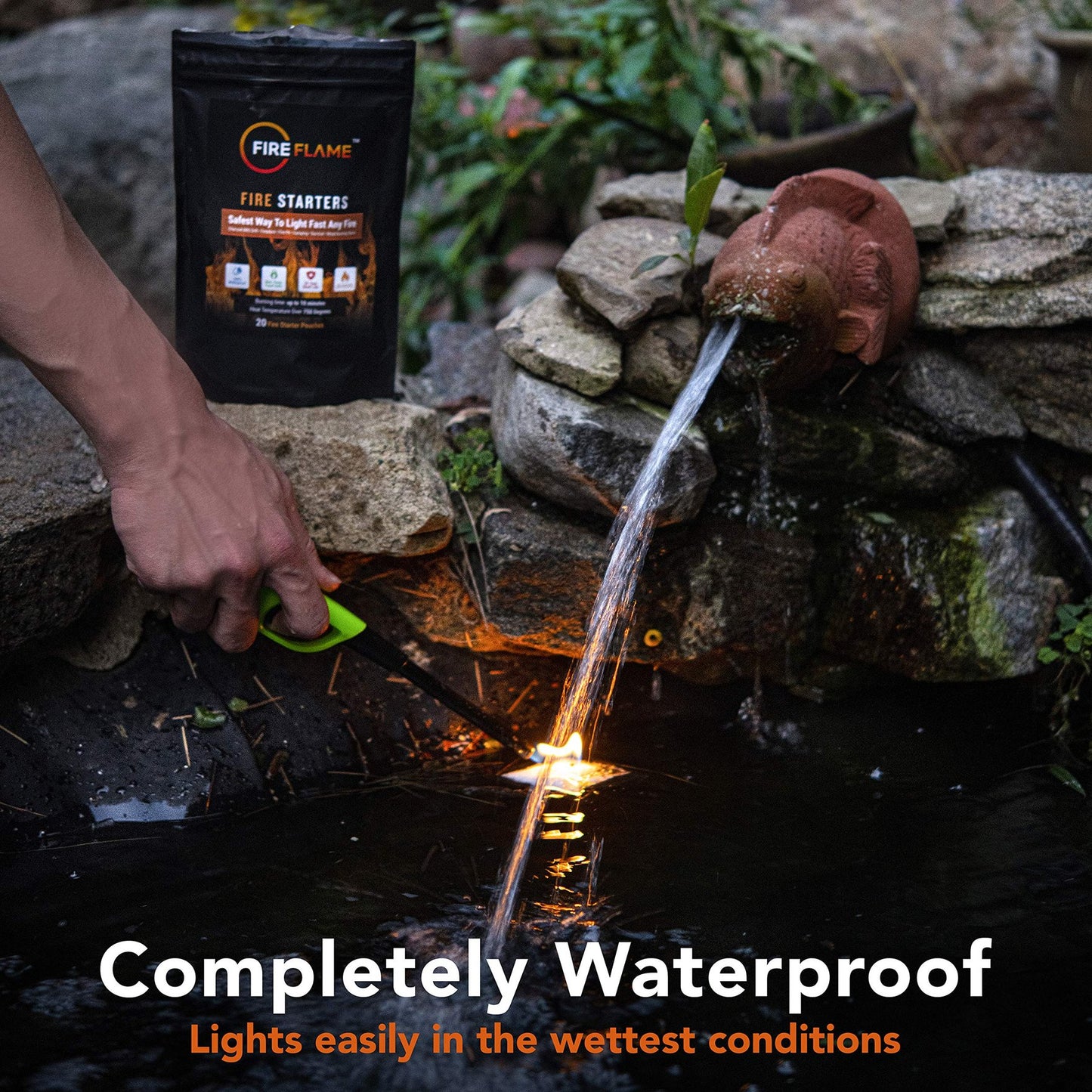 FireFlame Quick Instant Fire Starter - 100% Waterproof All-Purpose Indoor & Outdoor FireStarter, for Charcoal Starter, Campfire, Fireplace, Firepit, Smoker - Odorless and Food Safe - 20 Pouches in Bag