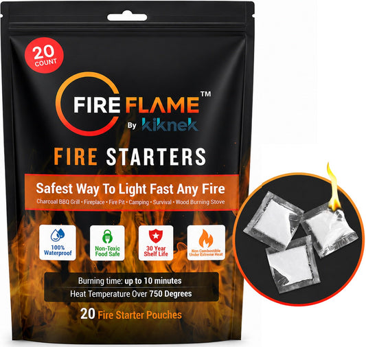 FireFlame Quick Instant Fire Starter - 100% Waterproof All-Purpose Indoor & Outdoor FireStarter, for Charcoal Starter, Campfire, Fireplace, Firepit, Smoker - Odorless and Food Safe - 20 Pouches in Bag