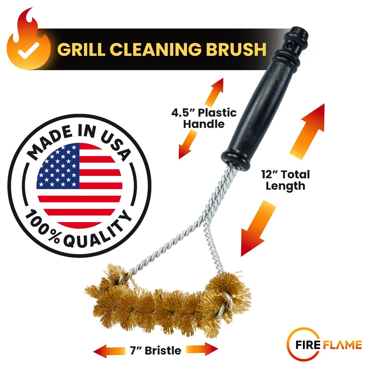 Fireflame BBQ Grill Brush – Non-Scratch Brass Bristles - 12-Inch Long Handle Barbecue Grill Cleaning Brush - Wide-Faced Spiral Heavy-Duty – Made in The USA