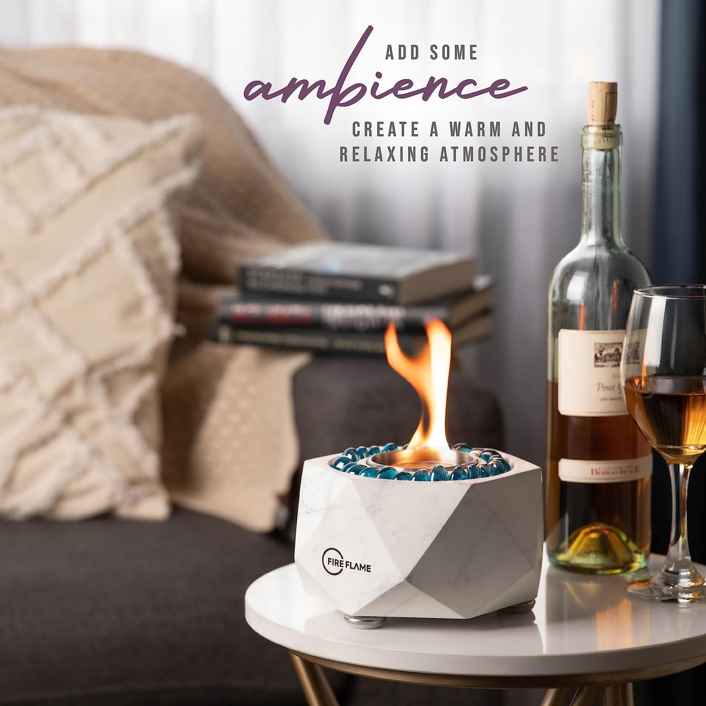 FireFlame Tabletop Fire Pit Bowl - Portable Concrete Mini Personal Fireplace Table top Firepit, Indoor Outdoor Decor & Smores Maker - Gel Fuel (Gel is not Included)