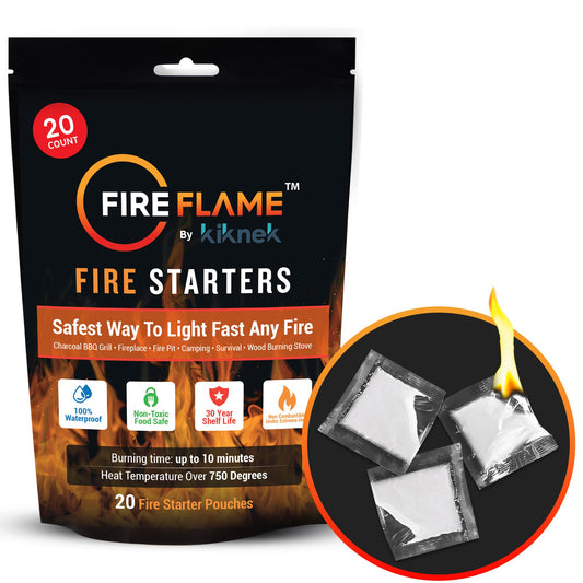 FireFlame Quick Instant Fire Starter - 100% Waterproof All-Purpose Indoor & Outdoor FireStarter, for Charcoal Starter, Campfire, Fireplace, Firepit, Smoker - Odorless and Food Safe - 20 Pouches in Bag