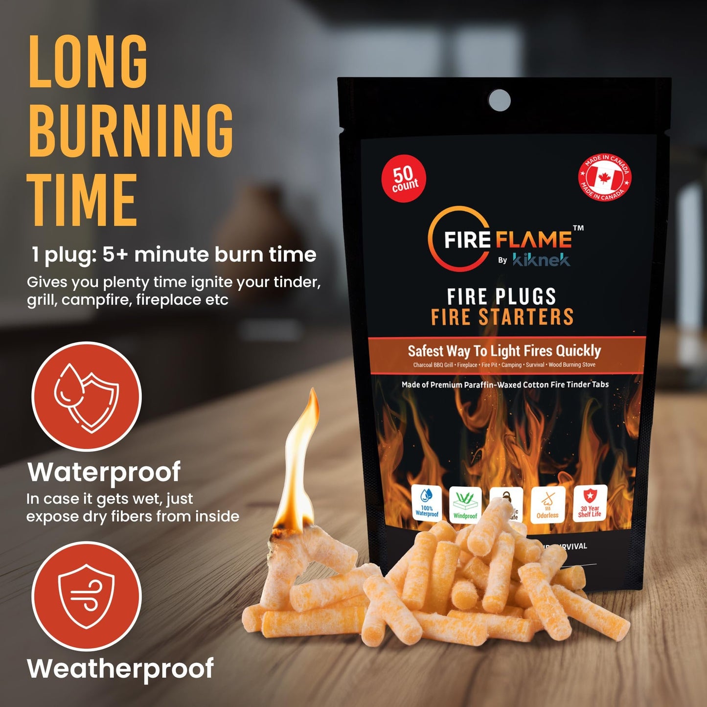 FireFlame Fire Plugs Fire Starter - Quick Instant 100% Waterproof All-Purpose Indoor & Outdoor FireStarter Tinder Tabs, for emergency Survival, Charcoal Grill - Odorless & Non-Toxic - 50 Plugs in Bag