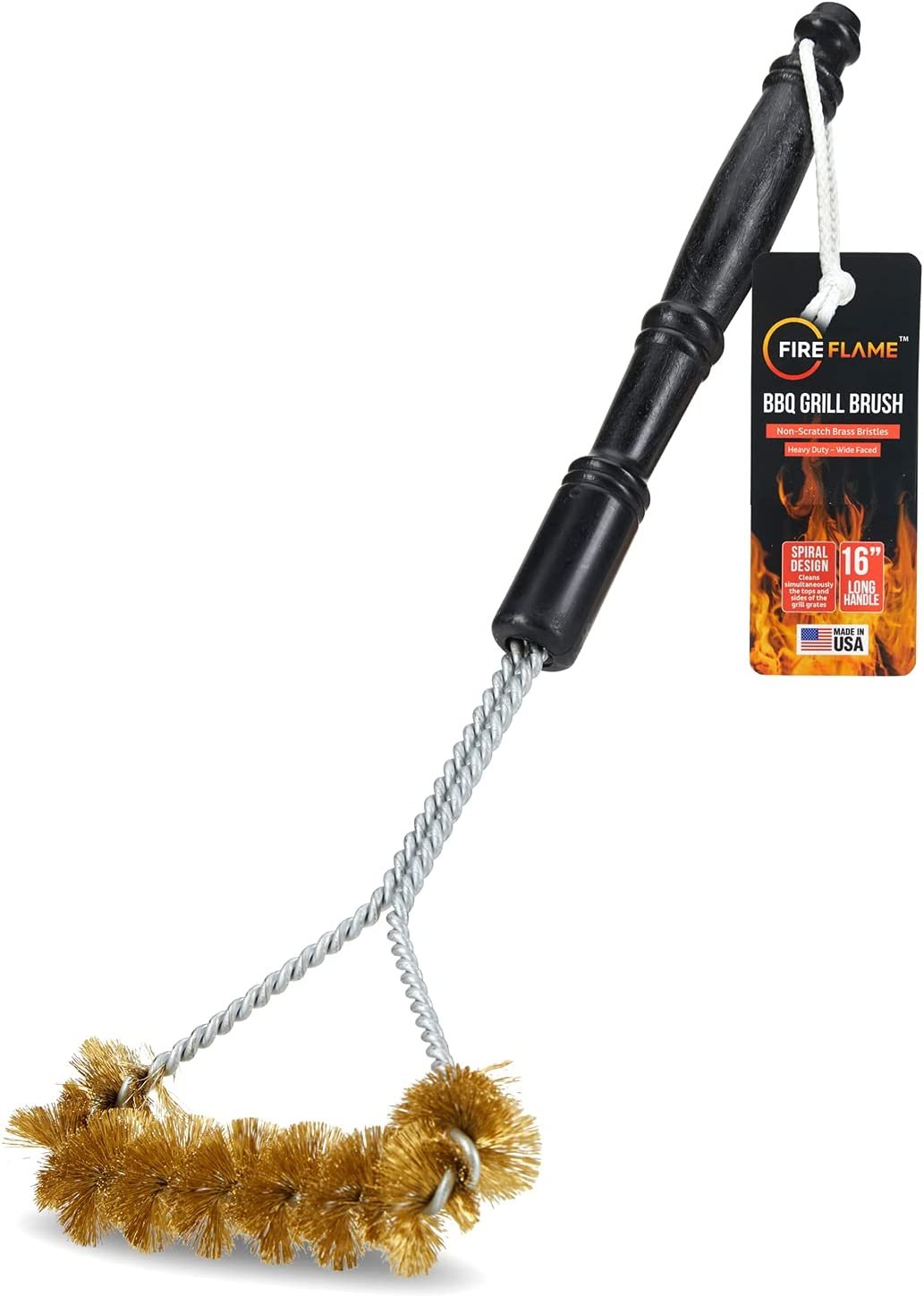 Fireflame BBQ Grill Brush – Non-Scratch Brass Bristles - Long Handle Barbecue Grill Cleaning Brush - Wide-Faced Spiral Heavy-Duty – Made in The USA