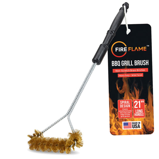 Fireflame BBQ Grill Brush – Non-Scratch Brass Bristles - 21-Inch Long Handle Barbecue Grill Cleaning Brush - Wide-Faced Spiral Heavy-Duty – Made in The USA