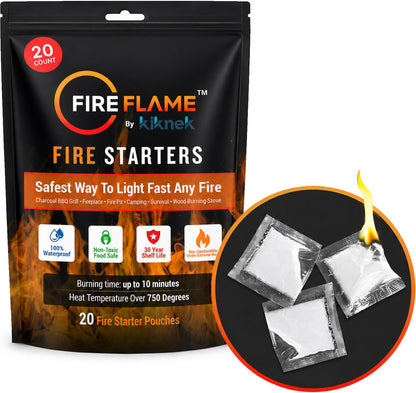 FireFlame Quick Instant Fire Starter - 100% Waterproof All-Purpose Indoor & Outdoor FireStarter, for Charcoal Starter, Campfire, Fireplace, Firepit, Smoker - Odorless and Food Safe - 20 Pouches in Bag