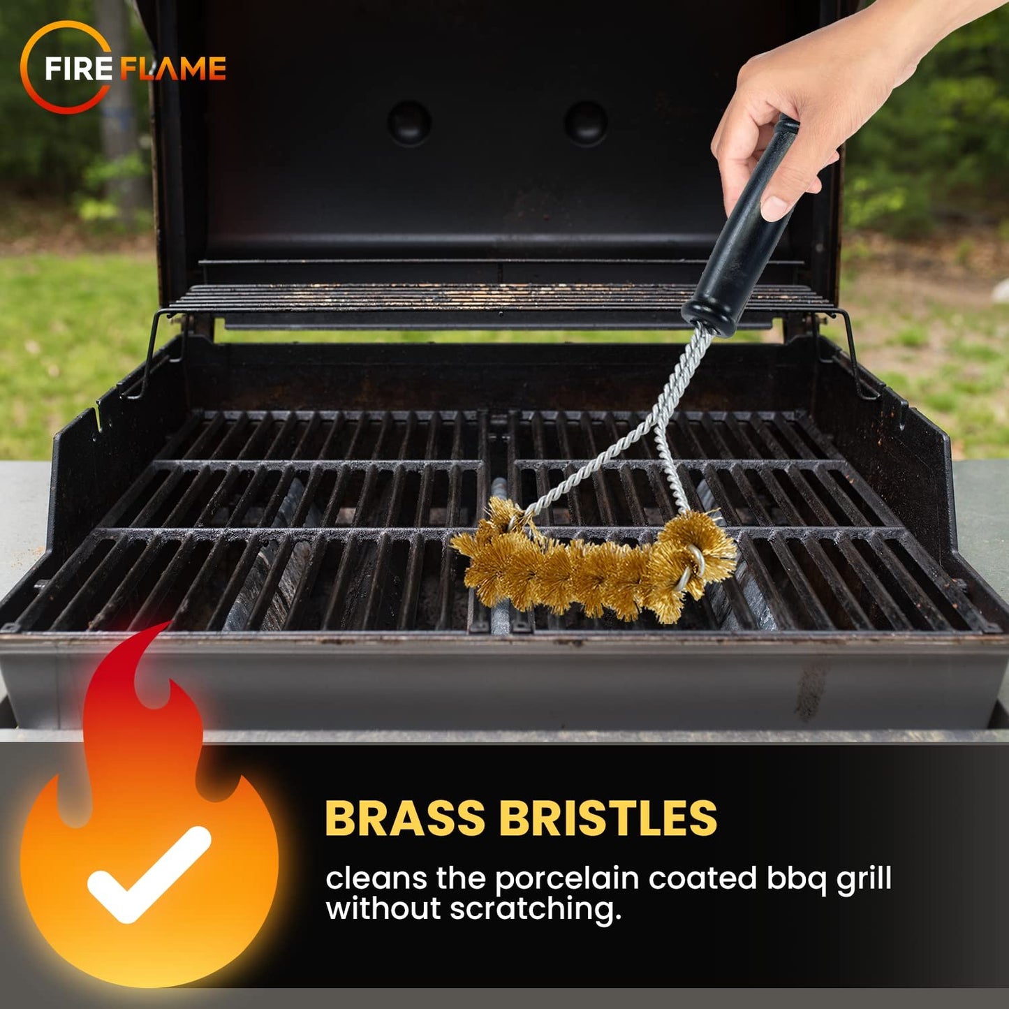 Fireflame BBQ Grill Brush – Non-Scratch Brass Bristles - 12-Inch Long Handle Barbecue Grill Cleaning Brush - Wide-Faced Spiral Heavy-Duty – Made in The USA