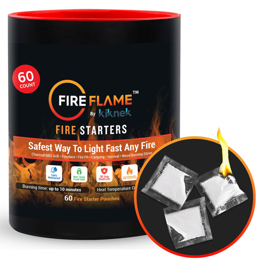 Fireflame Quick Instant Fire Starter - 100% Waterproof All-Purpose Indoor & Outdoor Firestarter, for Charcoal Starter, Campfire, Fireplace, BBQ - Odorless and Food Safe - 60 Pouches in Canister