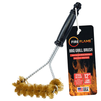 Fireflame BBQ Grill Brush – Non-Scratch Brass Bristles - 12-Inch Long Handle Barbecue Grill Cleaning Brush - Wide-Faced Spiral Heavy-Duty – Made in The USA