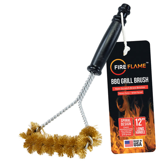 Fireflame BBQ Grill Brush – Non-Scratch Brass Bristles - 12-Inch Long Handle Barbecue Grill Cleaning Brush - Wide-Faced Spiral Heavy-Duty – Made in The USA
