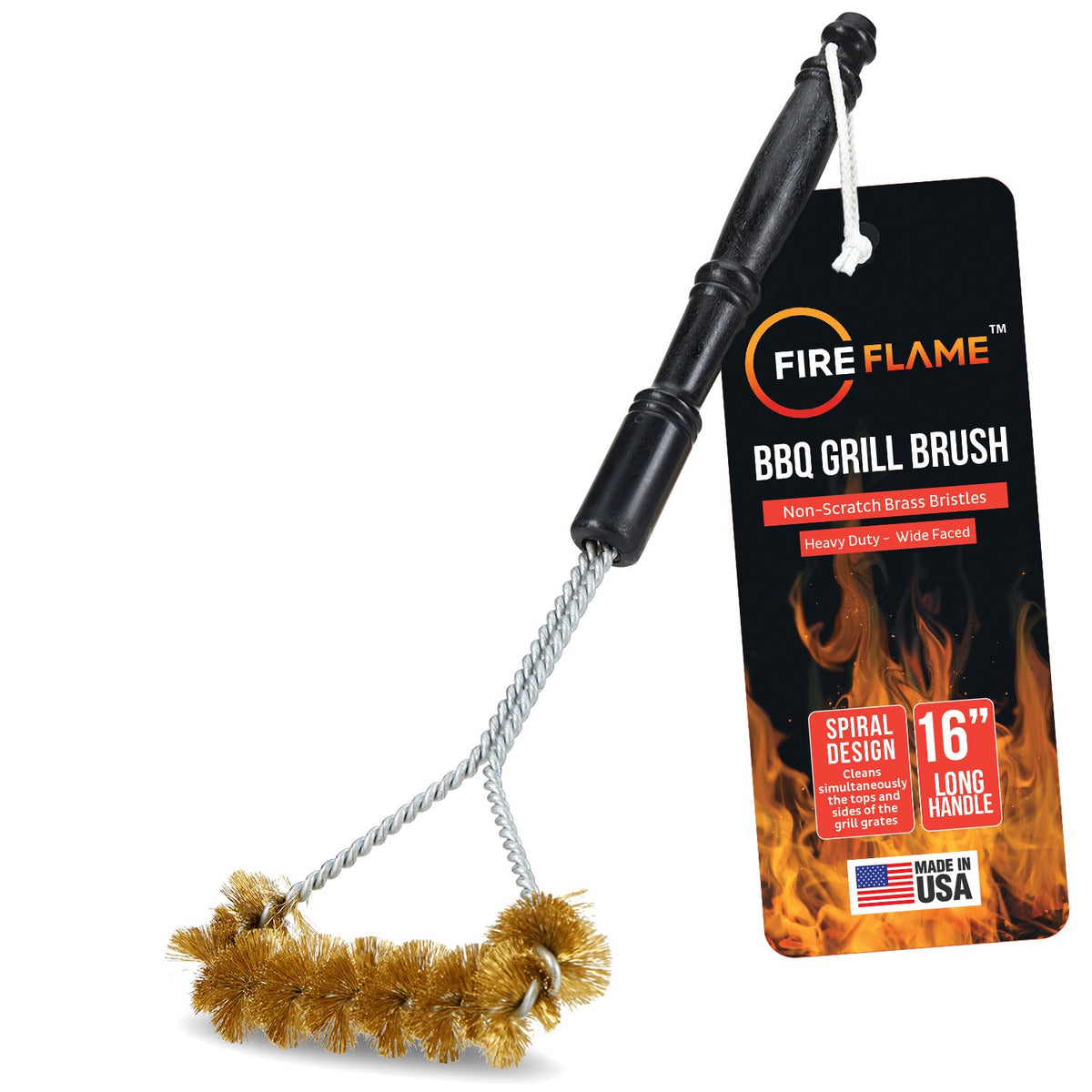 BBQ Grill Brush 16-Inch  - Fireflame BBQ Grill Brush – Non-Scratch Brass Bristles - 16-Inch Long Handle Barbecue Grill Cleaning Brush - Wide-Faced Spiral Heavy-Duty – Made in The USA