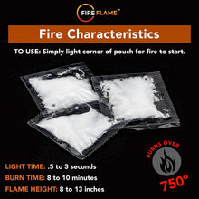 Load image into Gallery viewer, FireFlame Quick Instant Fire Starter - 100% Waterproof All-Purpose Indoor &amp; Outdoor FireStarter, for Charcoal Starter, Campfire, Fireplace, Firepit, Smoker - Odorless and Non-Toxic - 20 Pouches in Bag
