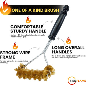 Fireflame BBQ Grill Brush – Non-Scratch Brass Bristles - 21-Inch Long Handle Barbecue Grill Cleaning Brush - Wide-Faced Spiral Heavy-Duty – Made in The USA